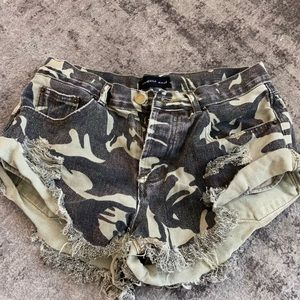 Camo denim shorts